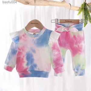 Conjuntos de roupas para bebês recém-nascidos de 1 a 4 anos, conjuntos de roupas para meninas com babados, manga comprida, tie-dye, camisetas + calças, moda infantil, roupas para meninas