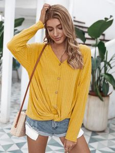 Women's T Shirts Women Knit Elegant V Neck Twist Knot Buttons Pullover Loose Baggy Batwing Casual Tunic Summer Fashion Long Sleeve Tops