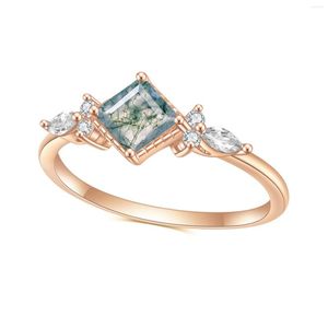 클러스터 고리 보석의 발레 독특한 0.63ct 5x5mm 정사각형 자연 이끼 마노 약혼 반지 925 스털링 실버 여자