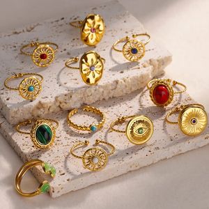 Bandringe aus Edelstahl mit Opalstein für Frauen, vergoldet, Sonnenstern, Hochzeitspaar, verstellbarer Ring, ästhetischer Schmuck 231110