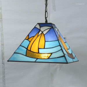 Pendant Lamps Tiffany Blue Mediterranean Stained Glass Suspended Luminaire Dining Room Chandelier Restaurant Kitchen