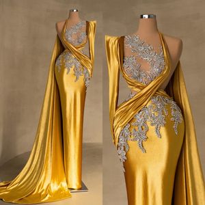 Yellow Sheath Crystals Evening Dresses Rhinestones Prom Gowns Long Sleeve One Shoulder Neckline Pleated Sweep Train Satin Formal Dress