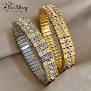 Bangle Chunky Inlay Rhinestones Square Thick Elasticity Stainless Steel Bracelet For Women Waterproof Wrist Fashion Jewelry