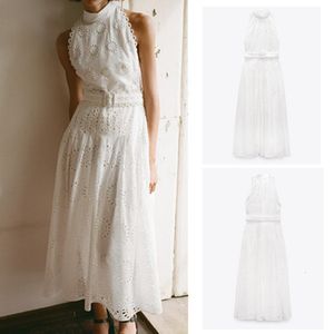 Casual Dresses PB ZA Spring and Summer White Belt Hollow Brodery Stand Collar Sleeveless Midi Dress Female 2292974 230413