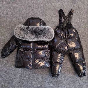 Пуховик, зимний более плотный детский пуховик, комбинезон, детский лыжный костюм с большим натуральным меховым воротником, теплая куртка для мальчиков и девочек, серебристый ws1876 231113