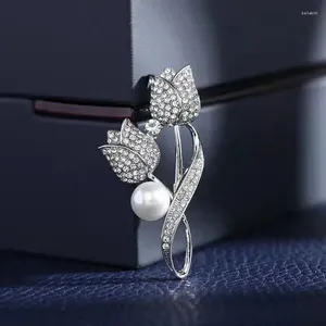 Brooches ANSHELI Elegant Pearl Tulip Flower Zircon For Women Pin Simple Fashion Jewelry Wedding Corsage Accessories Gifts