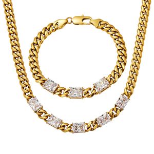 10mm Cuban Link Chain Necklaces Bracelets Choker Collar Chains Jewelry Clean Crystal Stainless Steel 18K Gold Plated For Women Fashion Accessories 8inch-24inch