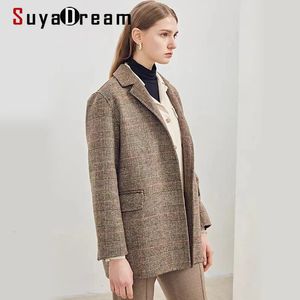 Wooling Blends Suyadream ręcznie robione 90%wełniane kobiety Plaid Blazer Coat FW elegancki biuro Chic Wool Blend Khaki Blue Winter Coats 231113