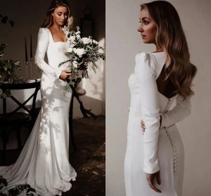 2023 Simple Long Sleeves Wedding Dresses Bridal Gown Mermaid Sweep Train Covered Buttons Custom Made Country Plus Size vestido de novia