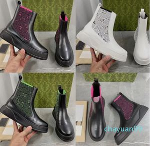 Designer-Strick-Patchwork-Chelsea-Stiefel für Damen, Leder, Stretch-Strick, Outdoor-Party, bedruckter Buchstaben-Stiefelette für Damen, Plateauschuh mit elastischem Band