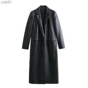 Casacos femininos unizera2023 outono e inverno nova moda feminina versátil de alta qualidade preto lapela couro falso casaco longo l231113