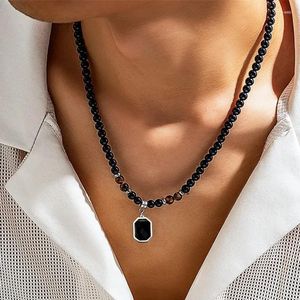 Pendant Necklaces Vintage Black Beads With Square Necklace For Men Trendy Accessories On The Neck Collar 2023 Fashion Jewelry Male Gifts