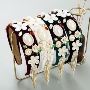 Luxury Flower Pearl Fringe Headband Fashion Hair Accessories Women's Trend Velvet Rhinestones Hairband Hair Band Girl