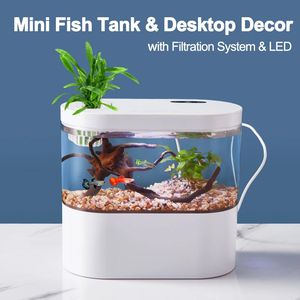 Aquariums Mini Desktop Aquarium Miniater Fisk Tank生化学的ろ過システムを備えた小さな水生生物エコボックスホーム装飾231113