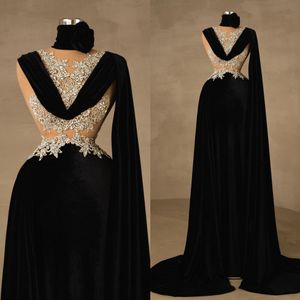 Black Velvet Crystals Evening Dresses Prom Gowns A Line Sheer Bateau Neckline Pleated Sweep Train Formal Dress