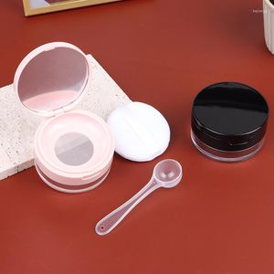 Förvaringsflaskor Portable Plastic Puff Box Tom Loose Pot With Sieve Mirror Spoon Cosmetic Sifter Jar Travel Makeup Container