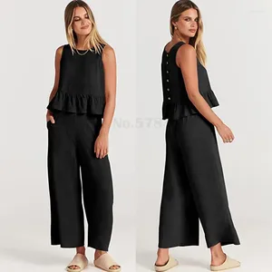 Dwuczęściowe spodnie damskie 2023 Summer Bez rękawów plisowany czołg szeroką nogę Capris Casual Set Fashion Solid Kolor plus rozmiar 3xl garnitur