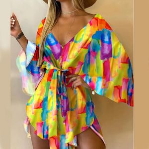 Casual Dresses Summer Beach Elegant Women Dresses Sexy V Neck Lace-up Floral Print Mini Dress Casual Flared Sleeves Ladies Party Dress 230413