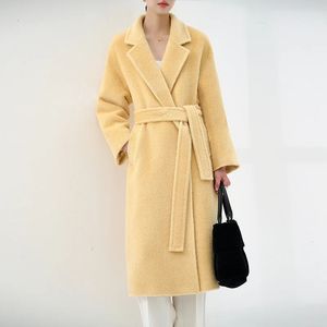 Women's Wool Blends High-end 100% Alpaca Wool Coat Women Camel Winter Warm Long Black Coat Orange Fashion Casual Classic Lace-up 231113