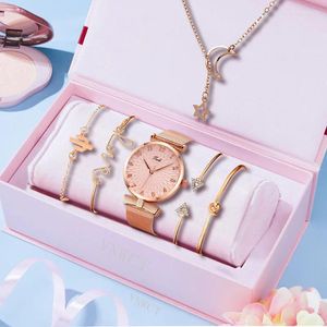 Bilek saatleri lüks kadınlar saatler 6pcs set zarif kadın manyetik örgü grubu gül kadın izle bileklik montre femme