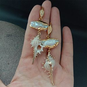 Dangle Chandelier YYGEM Sea Snail shell drop Yellow gold Plated White Biwa Pearl dangle Earrings punk style for women 230412