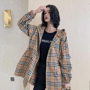 2024 new medium long trench coat Fashion checkered coat light hooded double liner jacket outwear