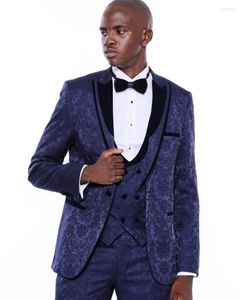 Herrdräkter Royal Blue Jacquard Jacket Set Wedding Men's Suit Slim Tuxedo Homme 3-Piece Custome Plus Size elegant klänning (Blazer Pants