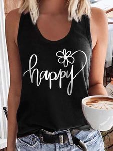 Serbatoi da donna Casual da donna Happy Letter Print Canotta a spalle scoperte Canotta da allenamento senza maniche T-shirt grafica a fiori T-shirt basic da palestra divertente