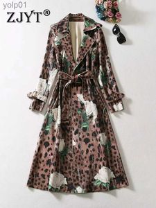 Kvinnors dikerockar Zjyt Autumn Winter Leopard Print Trench Coat for Women 2023 Slå ner kragen vintage lång vindbrytare läderjacka ytterkläder231113