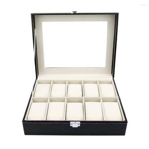 Jewelry Pouches Watch Box Display Case Organizer - 10 Slot Luxury Set With Glass Top Pu Leather Velvet Pillows Metal Lock