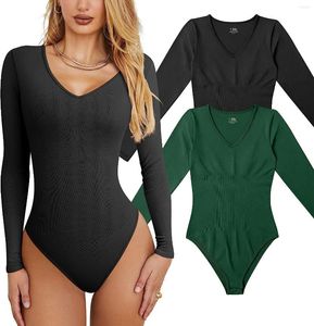Women's Shapers Women's Bodysuits Sexy Ribbed T Shirt One Piece V Neck Long Sleeve Body Streetwear Sheath Crotch Basic Black Overalls