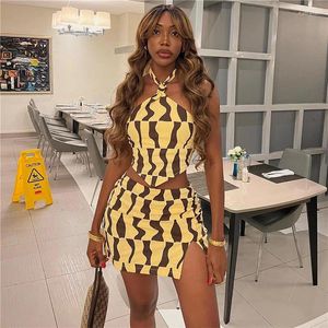 Work Dresses Two Piece Set Women Halter Tank Top High Waist Hip Mini Skirt Sets Irregular Bodycon Outfits Sexy Streetwear Backless Checkered