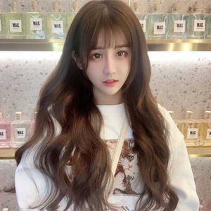 Koreansk version av Internet Celebrity Wig Female Long Curly Hair Large Wavy Air Bangs Fluffy and Natural Temperament Full Face and Hair Cover