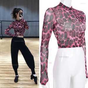 Stage Wear 2023 Dance Shirt Women Dancewear Red Leopard Print Mesh Long Sleeve Fingerless Turtleneck Sexy Salsa Latin Tops