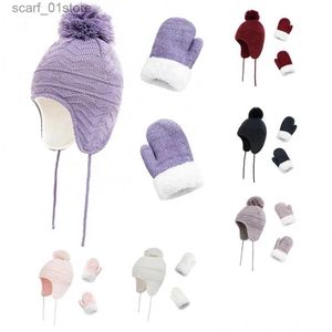 Hats Scarves Sets Winter Ear ff Thick Mitten Children's C Gs Hat G Hats Sets Fashion Kids Warm Knitted Pompom Cs Gs BeaniesL231113