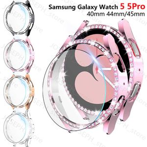 Andere Modeaccessoires Glas+Uhrenabdeckung für Samsung Galaxy Watch 5 40mm 44mm und 5 Pro 45mm Hard PC Diamond Bling Case Bumper+Glass Screen Protector J230413