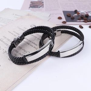 Bangle Leather Bracelet Stainless Steel Plate Blank To Record Layer For Men Metal ID Tag Bangles Wholesale 10pcs
