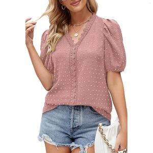 Women's Blouses Women Summer Chiffon Casual Short Sleeve Swiss Dot T-shirts Puff Tee Female V-neck Button-up Shirts Solid