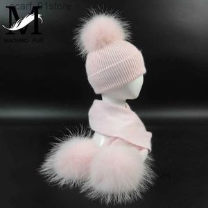 Hats Scarves Sets New Fashion Children's Wool Knit Hat Scarf 2 Pieces Set Winter Warm Kids Baby Boy Girl Raccoon Fur Pom poms Soft Hat ScarvesL231113