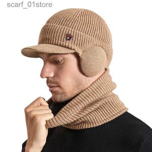 Hattar halsdukar sätter vinter varm öronfl balaclava hatt för män kvinnor halsduk set med plysch sammet beanie hatt mäns pulr stickade hatt bonnets malel231113