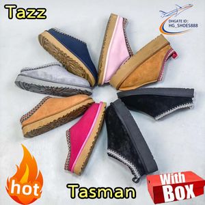 med Box Tasman Boots Ug Boots Chesut Designer för kvinnor Tazz Casual Boots Womens With Wool Sheepskin Booties Snöskor Vinter Varma tofflor Mini Brand Australien