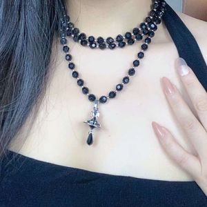 Designer Viviene Westwoods Empress Dowager Three Layered Black Crystal Threedimensional Earth Planet Collarbone Necklace Light Luxury and Niche Stacked Necklac