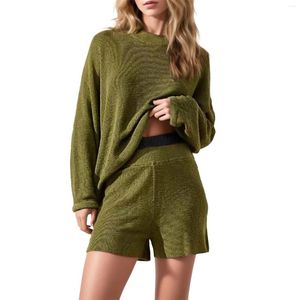 Damen -Tracksuriten Frauen Stricker Anzug Einfacher Farbfarbe Rundem Hals Langarm Pullover Shorts Sport Home Outdoor zweiteiligen Set Casual Fall Fall