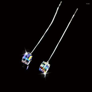 Orecchini pendenti Marca Bright 925 Silver Big Square Crystal Long Chain Nappa Ear Wire Fashion Jewelry Spring Hanging PE379