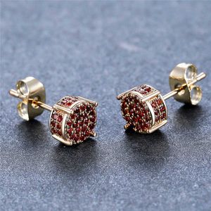 Stud Luxury Crystal Hip Hop Round Earrings Red Zircon Small Stone Studörhängen Vintage Gold Silver Color Wedding Earrings for Women P230411