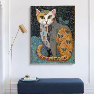 Gustav klimt berömd konstverk katt konst canvas smälter abstrakt söta djur affisch tryck retro väggkonst pictrue vardagsrum dekor