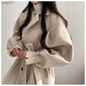 Casacos de trincheira femininos fe trench coats estilo coreano único botão elegante blusão 2022 novo fino longo sles outono inverno feminino outerwearl231113