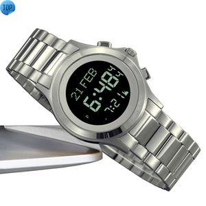 Alazan Islamiska muslimska Azan Digital Watch Factory Alfajr Rostfritt stål Bön Auto Qibla Compass Waterproof Watches grossist