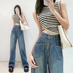 Calças de brim femininas vintage em linha reta feminina de cintura alta solta moda magro denim calças mulher roupas de perna larga selvagem primavera 2023