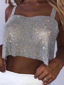 Camisoles Tanks Bling Rhinestones Party Crop Top Fashion Solid Backless Straps Full Diamonds Sequins Cami Cropped for Women 230412